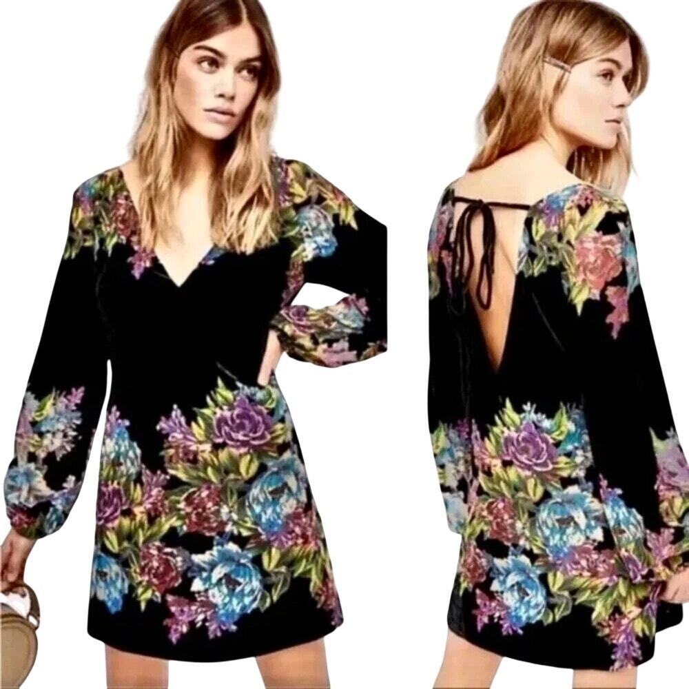 Free People Misha Velvet Mini Dress BLK Floral XS Whimsygoth Romantic Twee Y2K - Picture 2 of 12